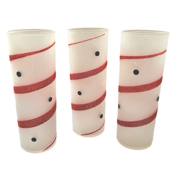 Vintage Other - 3 Vintage Frosted Highball Tumbler Glasses MCM Red Stripe Black Polka Dots
